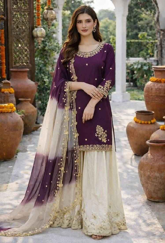 White & Purple Crepe Sharara Set