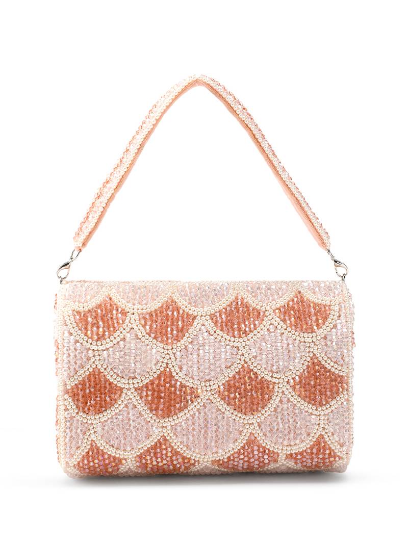 Women's Pink and Pearl White Floral Crystal Beaded Velvet Clutch