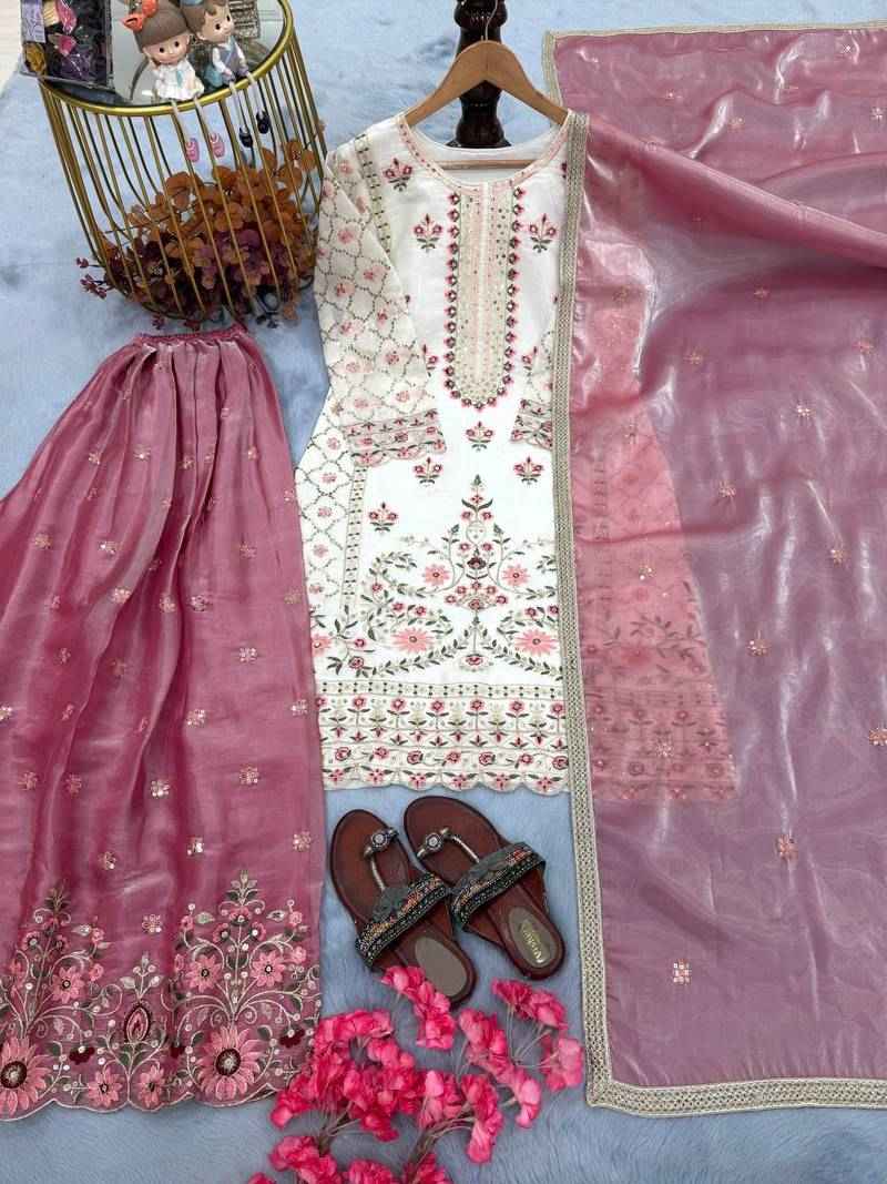White & Pink Floral Embroidered Sharara Suit