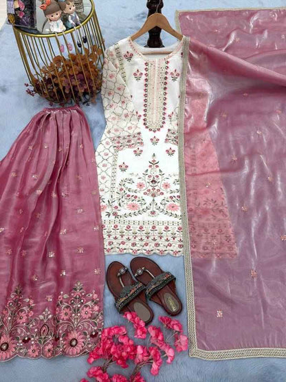 White & Pink Floral Embroidered Sharara Suit