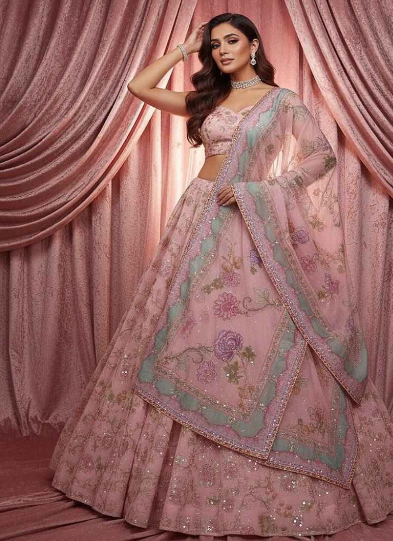 Pink Floral Embroidered Net Lehenga