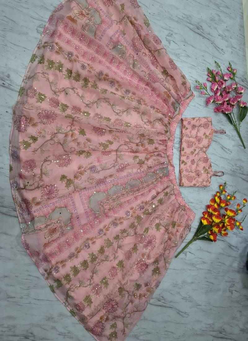 Pink Floral Embroidered Net Lehenga