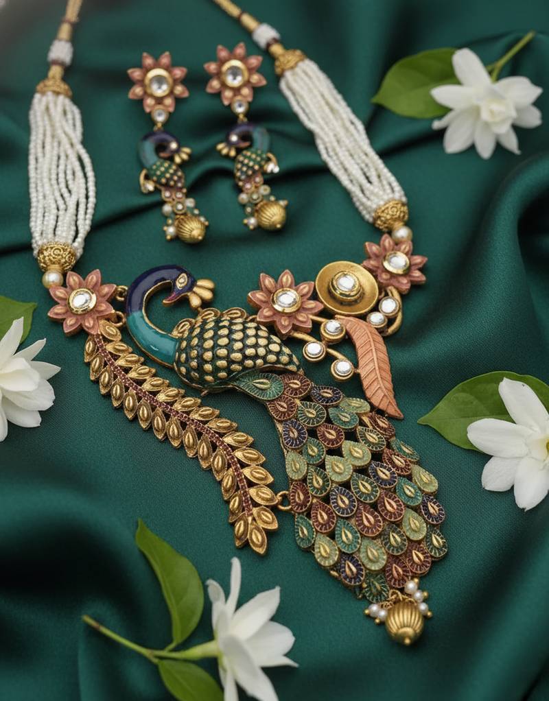 Jewel Studio Antique Peacock Handcrafted Pearl Necklace Set