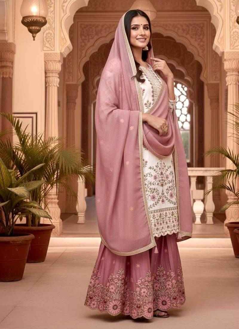 White & Pink Floral Embroidered Sharara Suit