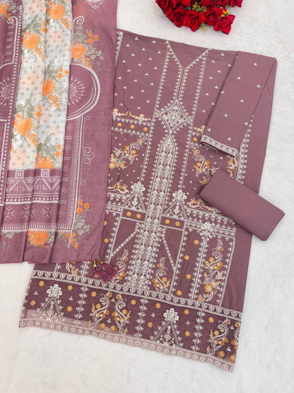 Women's Mauve Cotton Blend Embroidered Palazzo Salwar Suit Set