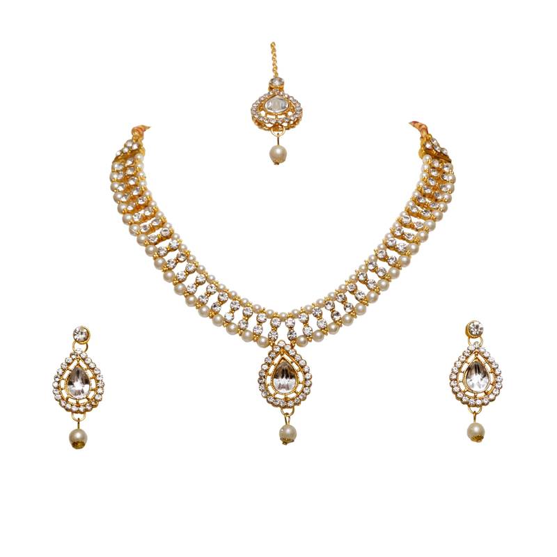 NAFJ White Agate Stone Necklace Set with Earrings and Maang Tikka Gold Plated
