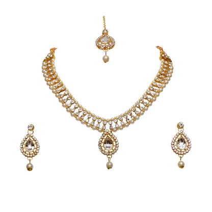 NAFJ White Agate Stone Necklace Set with Earrings and Maang Tikka Gold Plated