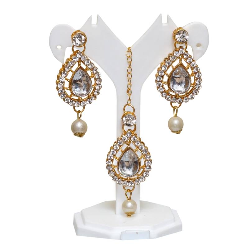 NAFJ White Agate Stone Necklace Set with Earrings and Maang Tikka Gold Plated