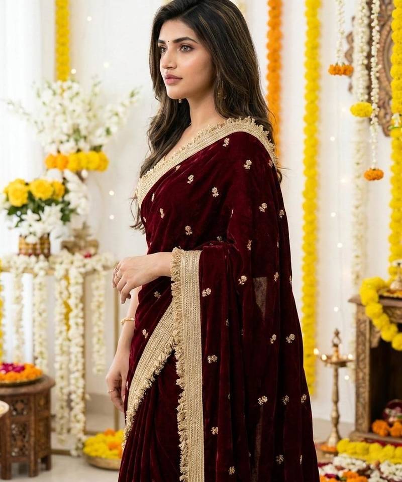 Women's Satin Silk Blend Sequin Embroidered Saree with Blouse