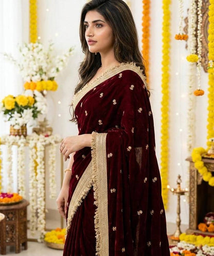 Women's Satin Silk Blend Sequin Embroidered Saree with Blouse