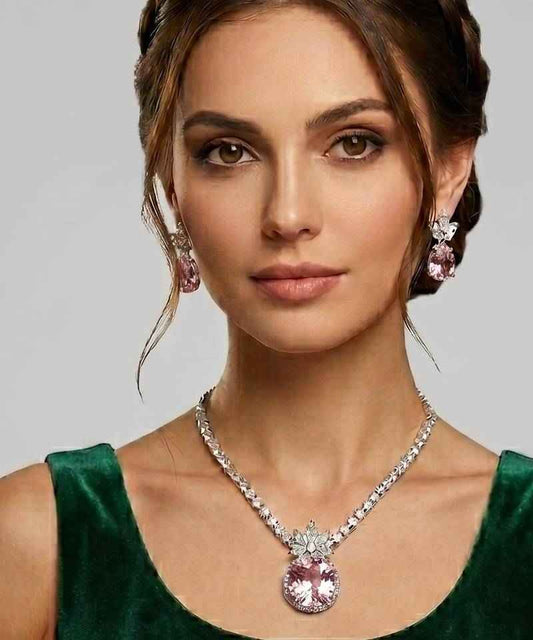 Silver Plated Chain Pendant Set Pink