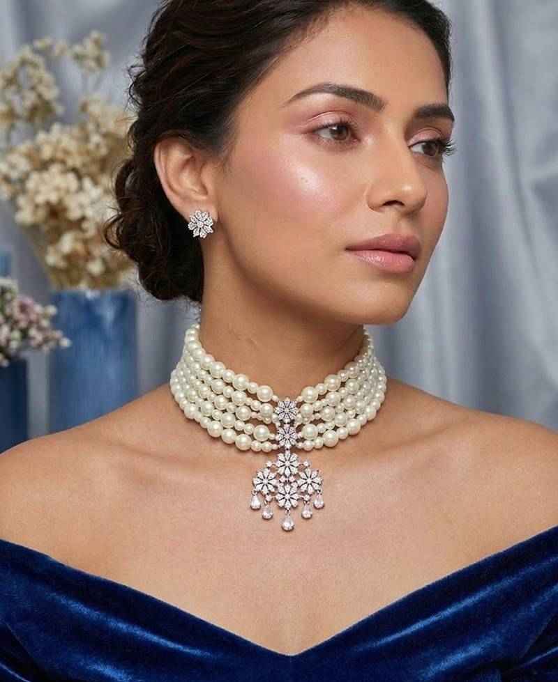 Multi Layer Pearl Choker Necklace Set with Floral Crystal Pendant
