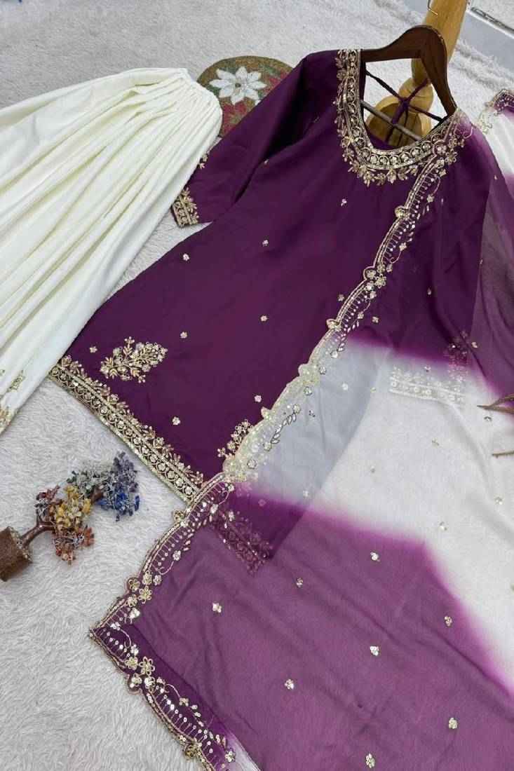 White & Purple Crepe Sharara Set
