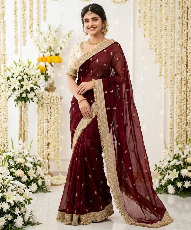 Women's Satin Silk Blend Sequin Embroidered Saree with Blouse