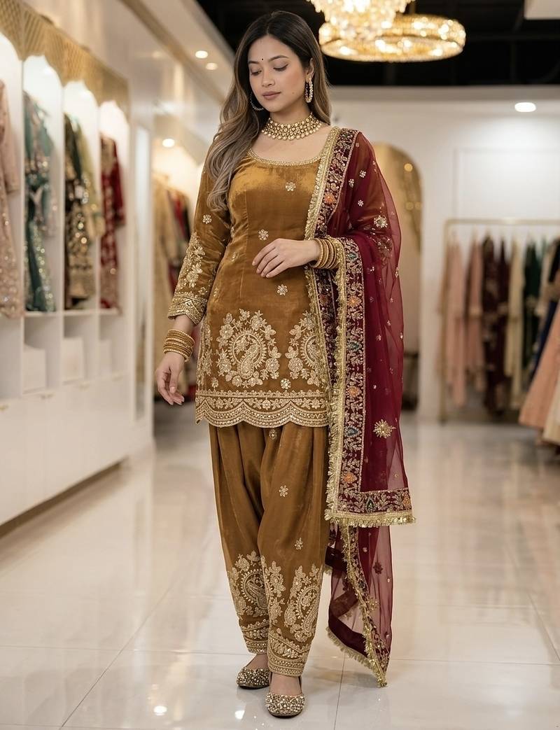 VOUAGER Gold Silk Blend Embroidered Farshi Salwar Suit Set