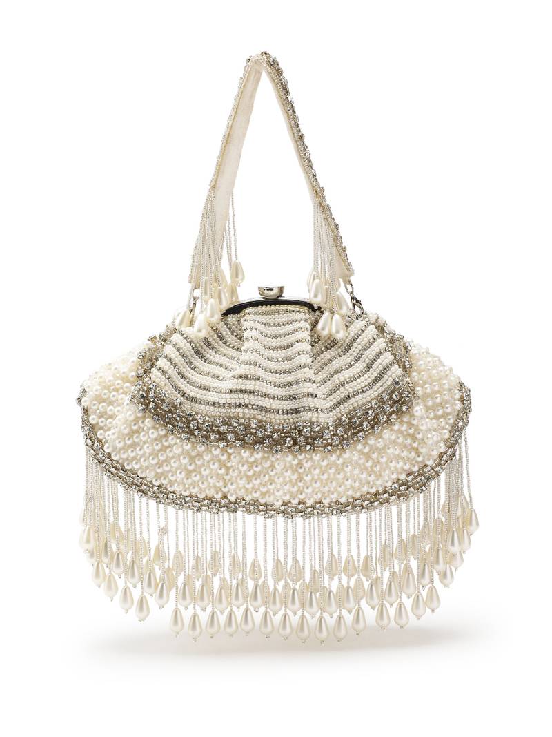 Pearl White and Silver Pearl Embellished Velvet Clutch