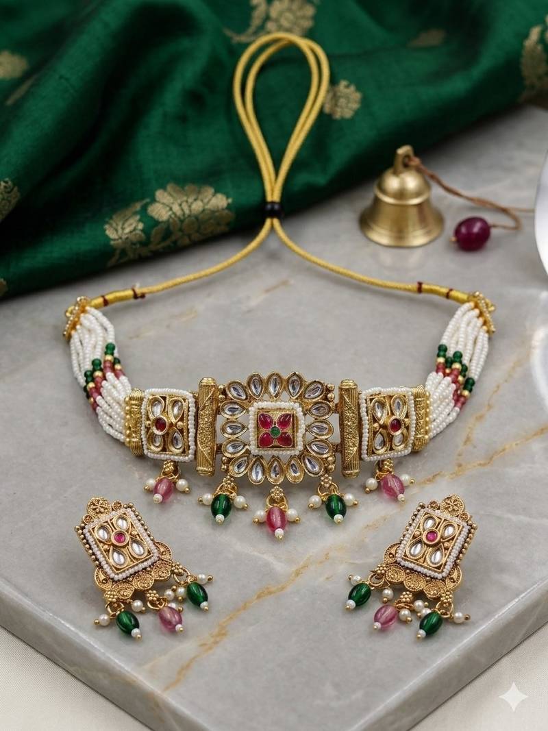 Aarna Gold Plated Kundan Meenakari Choker Necklace Set Multicolor