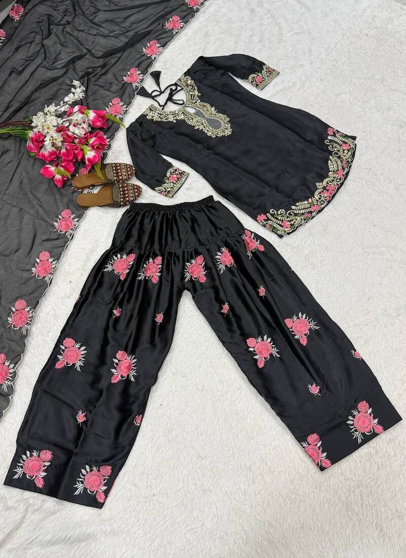 Women's Black Embroidered Japan Satin Farshi Salwar Suit Set