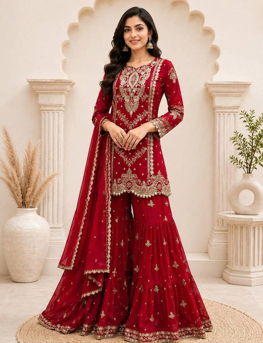 Women's Red Faux Georgette Embroidered Sharara Suit Set with Dupatta