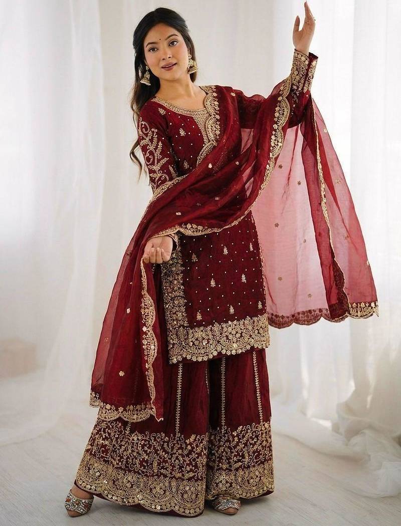 Women's Maroon Heavy Embroidered Sharara Set