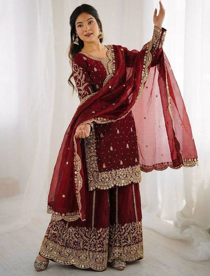 Women's Maroon Heavy Embroidered Sharara Set