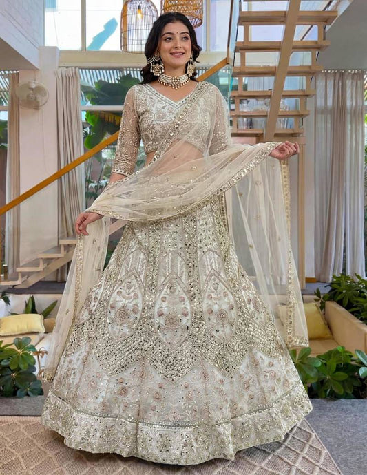 Women's Cream Net Embroidered Lehenga Choli Set