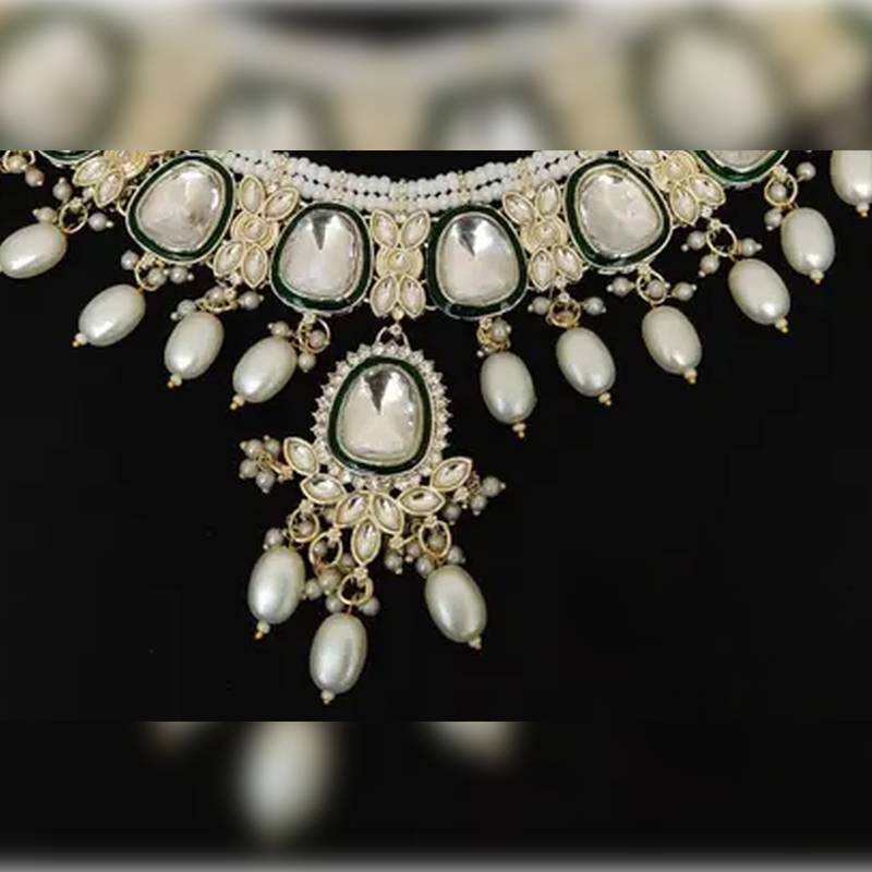 Jewel Studio Pearl Kundan Necklace Set with Green Enamel