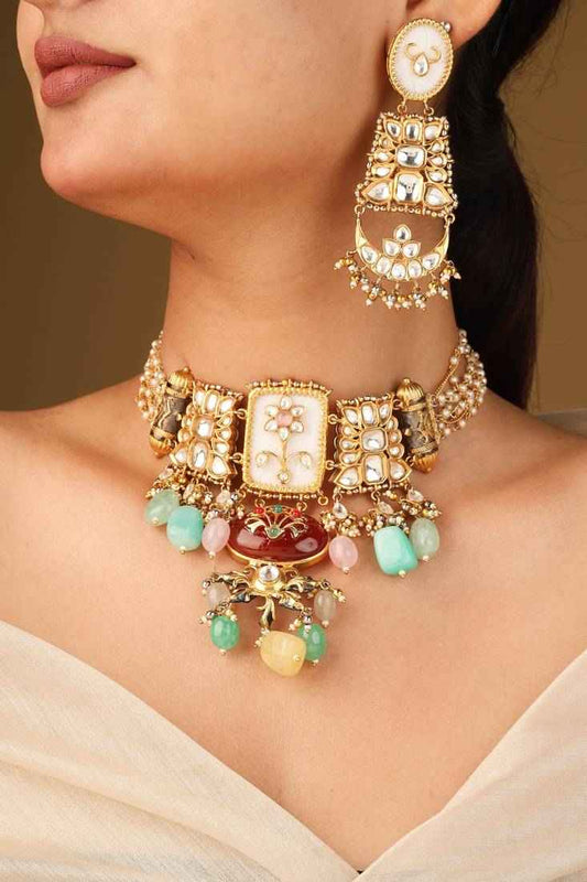 Traditional Multi Shape Colorful Transparent Stone Necklace Set