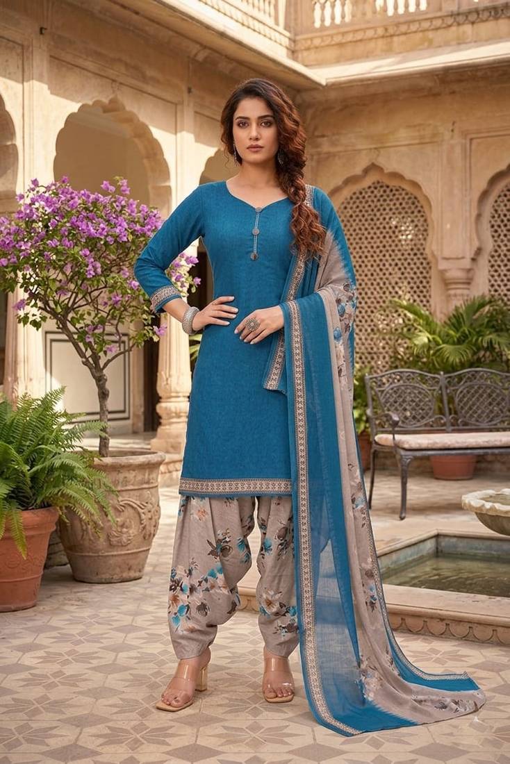 SEWDHAGA Teal Floral Print Cotton Blend Stitched Patiala Salwar Kurta Dupatta