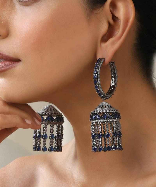 Blue Zirconia Jhumka Earrings Brass Rhodium Plated