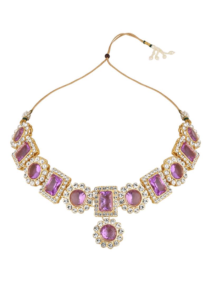 I Jewels Gold Plated Stone Studded Necklace Set Purple