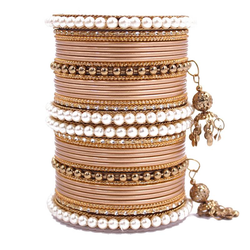 Leshya Gold Plated Pearl Enamel Bangle Set Gold