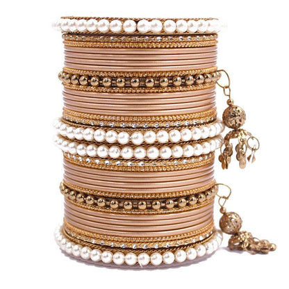 Leshya Gold Plated Pearl Enamel Bangle Set Gold