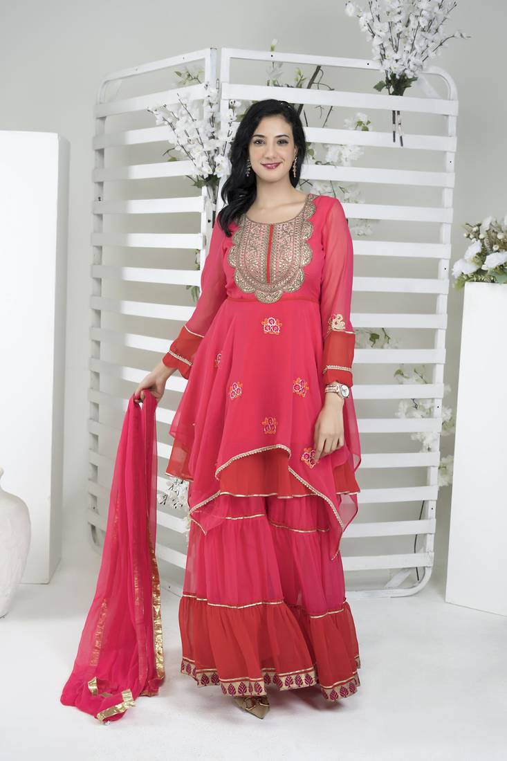 Women's Pink Embroidered Georgette Kurta Sharara Set with Dupatta
