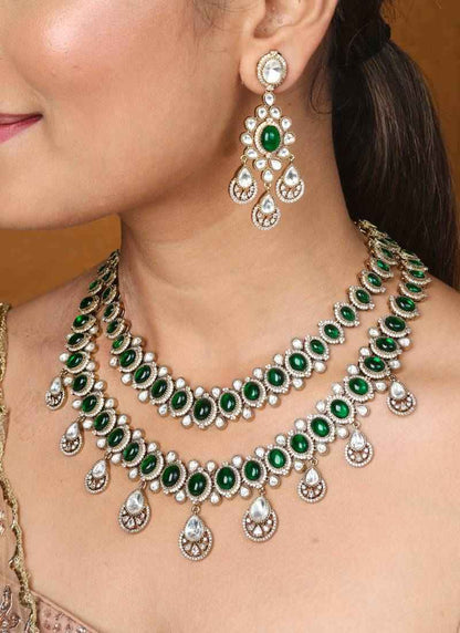 Two Layer Necklace Set With Green Stones