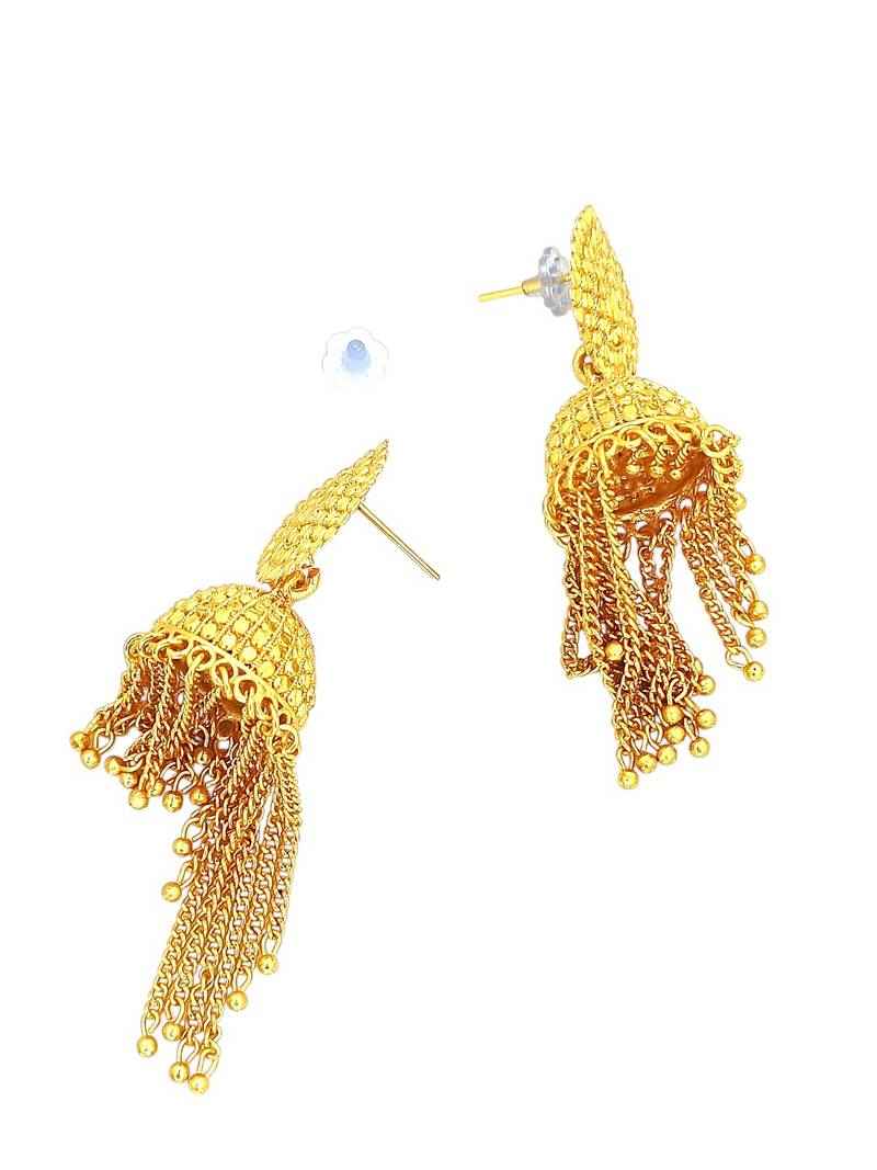 Gold Plated Layered Tasseled Jhumka Earrings