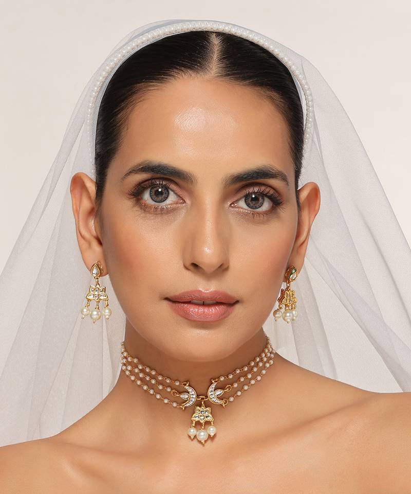 White Kundan Brass Choker Necklace Set with Stones Encrusted