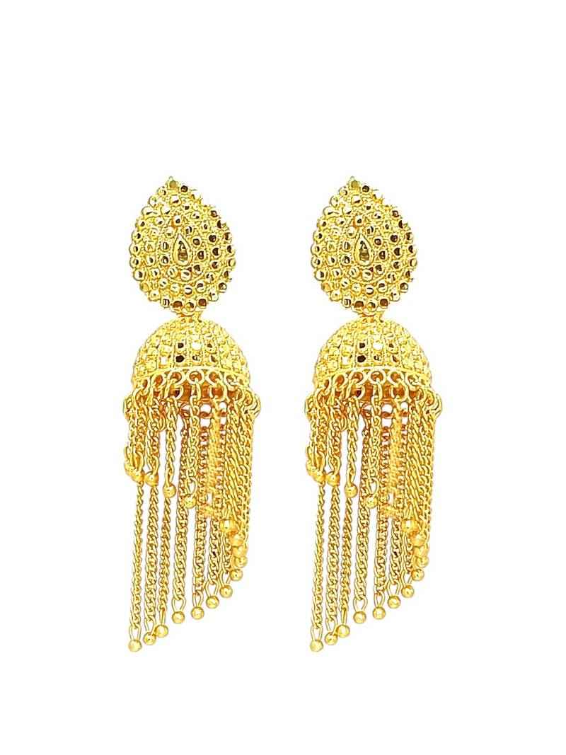 Gold Plated Layered Tasseled Jhumka Earrings