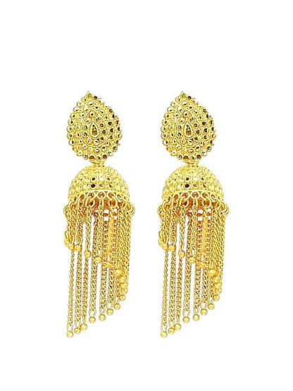 Gold Plated Layered Tasseled Jhumka Earrings