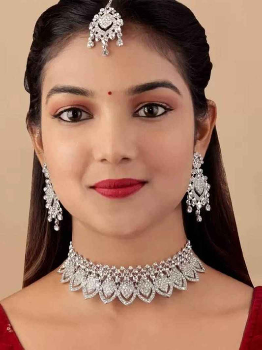 Sudiksha Jewellery Austrian Diamond Necklace Set Silver