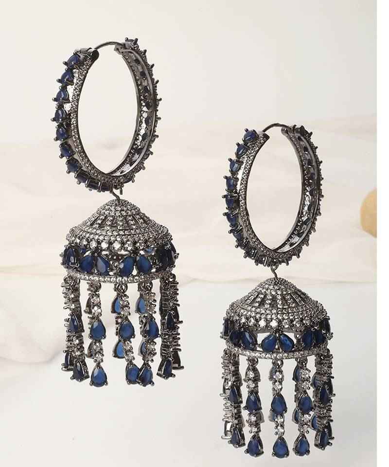 Blue Zirconia Jhumka Earrings Brass Rhodium Plated