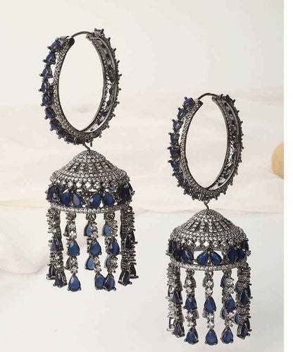 Blue Zirconia Jhumka Earrings Brass Rhodium Plated