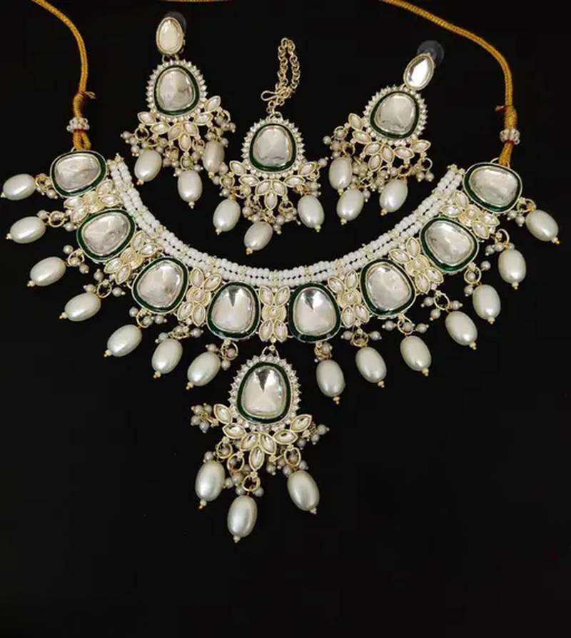 Jewel Studio Pearl Kundan Necklace Set with Green Enamel