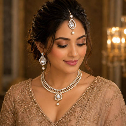 NAFJ White Agate Stone Necklace Set with Earrings and Maang Tikka Gold Plated