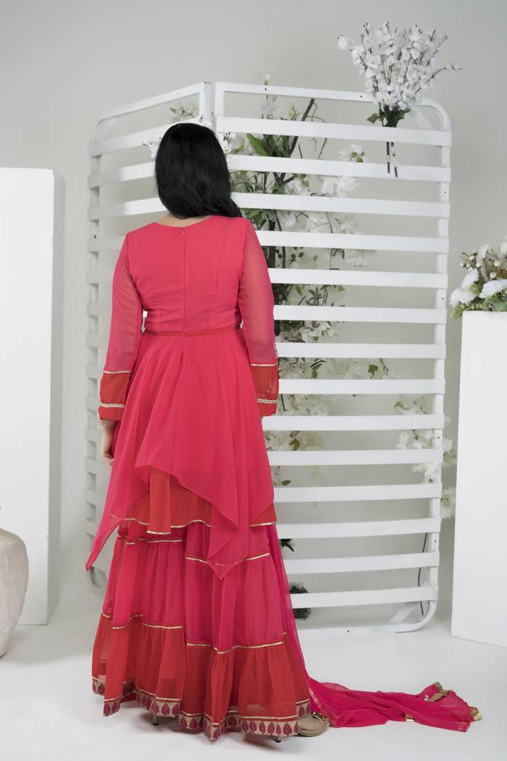 Women's Pink Embroidered Georgette Kurta Sharara Set with Dupatta