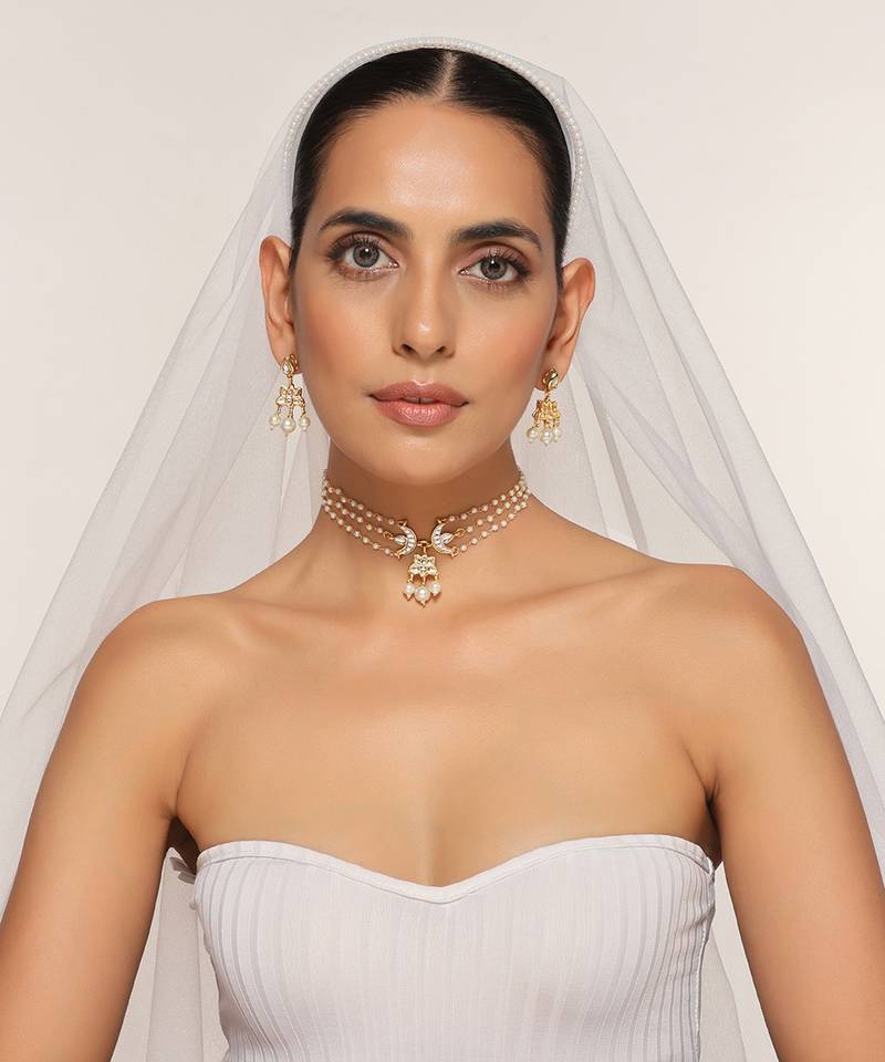 White Kundan Brass Choker Necklace Set with Stones Encrusted