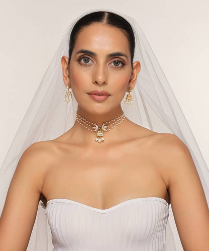 White Kundan Brass Choker Necklace Set with Stones Encrusted