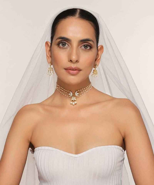 White Kundan Brass Choker Set With Stones Encrusted