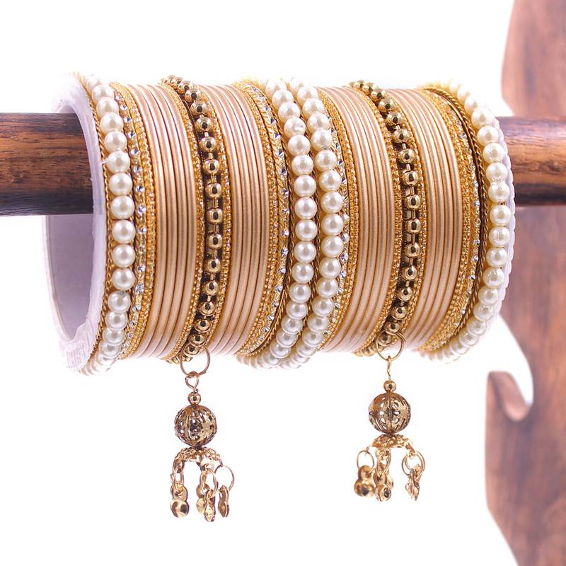 Leshya Gold Plated Pearl Enamel Bangle Set Gold