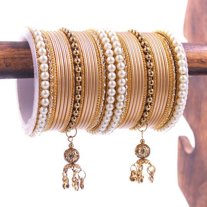 Leshya Gold Plated Pearl Enamel Bangle Set Gold